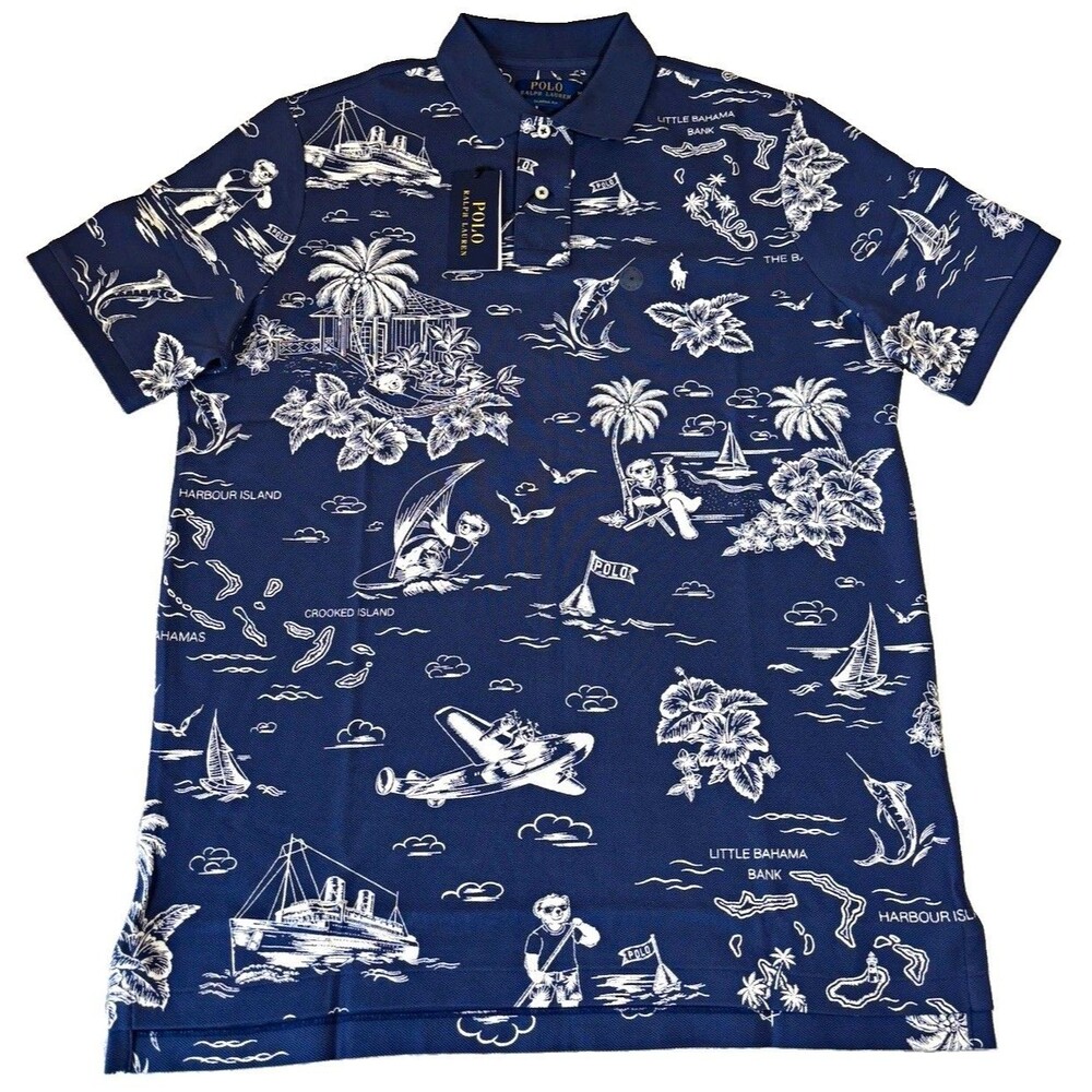 NWT Polo Ralph Lauren Classic Harbour Island Bahamas Polo Bear Blue Polo Shirt M